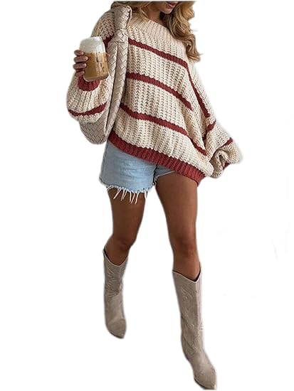 Womens Oversized Sweater Color Block Off The Shoulder Pullover Sweaters Cable Knit Chunky Striped Tops