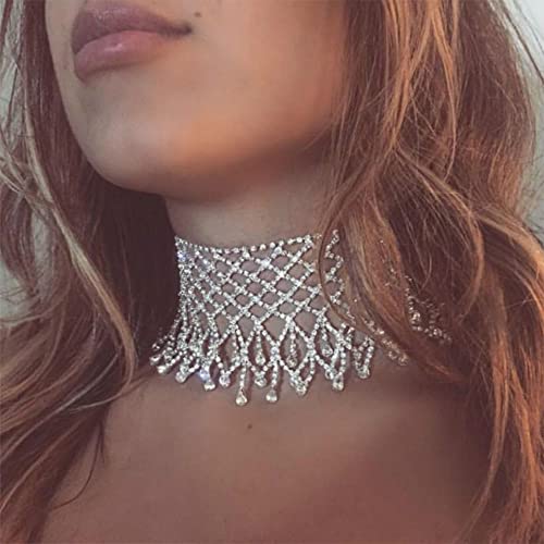 Yertter YERTTER-NECKLACE-23-1-2.2 Dainity Full Rhinestone Chunky Chain Diamond Silver Chain Collar Statement Tassel Crystal Choker Necklace Adjustable thumb #1