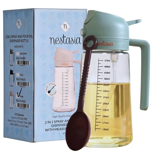 Image of Nestasia 2 in 1 Oil Sprayer & Dispenser Glass Bottle for Kitchen (470ml) - Vinegar & Olive Oil Bottle with Measuring Spoon for Healthy Cooking, Salad Dressing, Air Fryer, BBQ & Grilling (Sage Green)