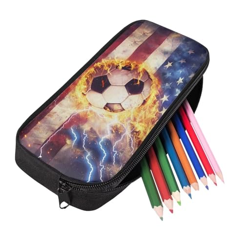 Image of Fire Football Pattern Pencil Case School Supplies for Boys Girl American Flag Storage Bag
