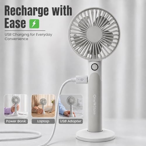 Image of One94Store High Speed Portable USB Hand Fan, 4800 RPM, 1200mAh Rechargeable Battery, Up to 6H Runtime, 3 Speed Modes for Travel, Office & Makeup, Grey - Mini Fan, Hand Fan, Small Fan, USB Fan