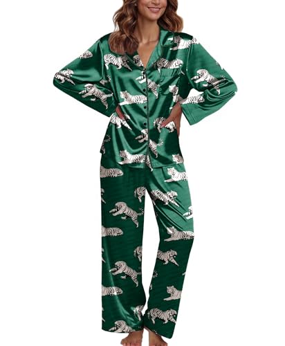 Image of Ekouaer Pajamas For Women Set Silk Pjs 2 Piece Satin Sleepwear Long Sleeve Button Down Lounge Sets With Pant