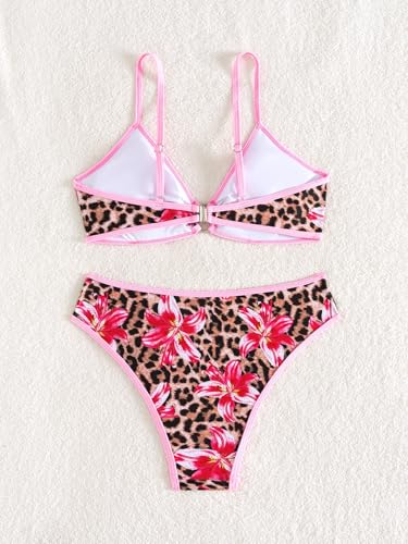 Image of Fanuerg Women's Triangle Bikini Sets O Ring Linked Two Piece Swimsuits Floral Printed Cheeky Bathing Suit
