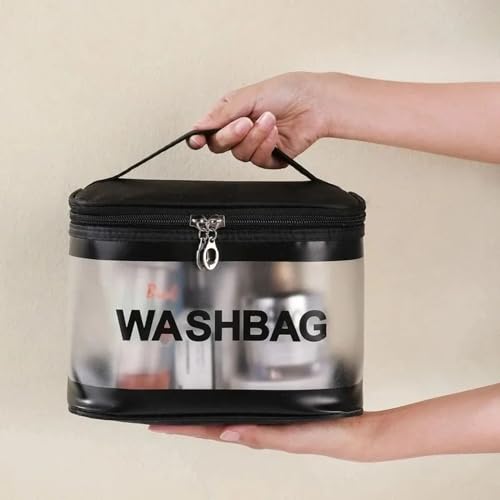 Image of Transparent and PU Waterproof Cosmetic Wash Bag (Black, Square Shape) - Travel Toiletry Organizer Pouch with Zipper & Handle for Makeup & Skincare (21.5W x 15B x 16H cm, Pack of 1)