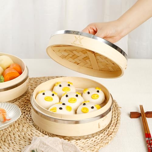 Altra Astra Bamboo Steamer - 8 inch, 100% Glue Free Construction with Reusable Cotton Sheets, Perfect for Healthy Steaming of Dim Sum, Bao Buns, Vegetables, Meat & Fish, 2 Tiered Basket - Image 2