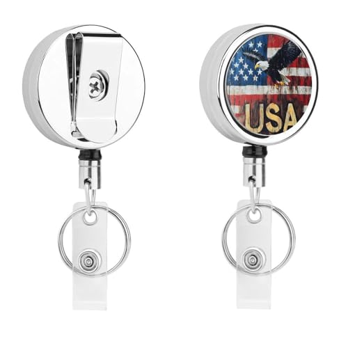 U.S Flag USA E-agle Retractable Badge Holder Metal ID Name Holder Key Ring with Belt Clip