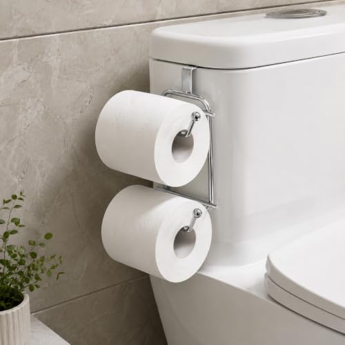 Image of Basicwise Over-The-Side Tank Double Toilet Paper Holder Compact Modern Bathroom Organizer Practical Storage Rack for Extra Rolls Offering Quick & Easy Access for Everyday Use, Silver