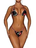 GORGLITTER Women's 2 Piece Cherry Print Micro Triangle Thong Swimsuit Tie Back Halter Bikini Set Sexy Swimwear Bathing Suits Multicolor X-Large