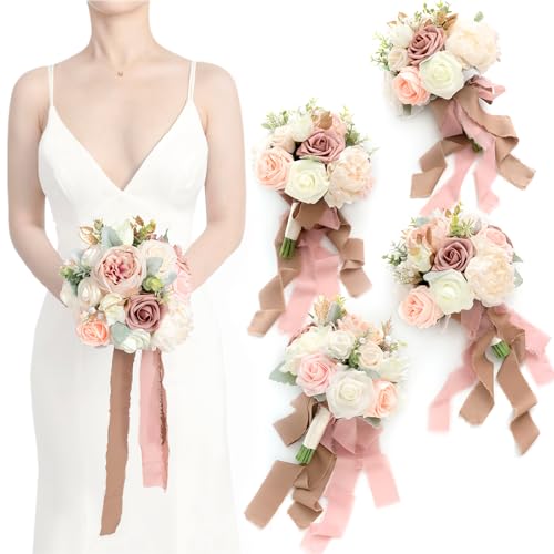 Ling's moment Dusty Rose Bridesmaid Bouquet Set of 4, Pink