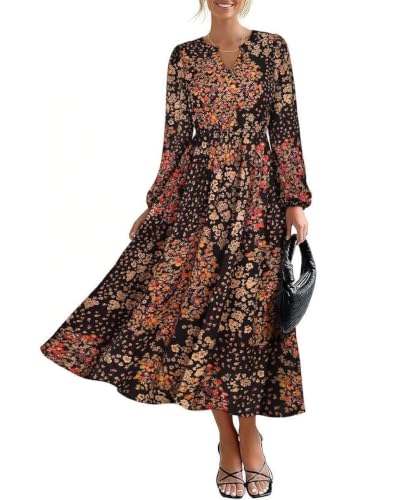 Image of TIYOMI Womens Plus Size Dresses Fall Long Sleeve Maxi Dresses V Neck Floral Spring Party Dress with Pockets XL-5XL (14W-28W)