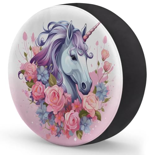 Image of Spare Tire Cover for RV Trailer, Unicorn Flower Tire Covers Universal Fit for Travel Trailer Camper Jeep RV SUV Truck Waterproof Wheel Cover (15 inch for Diameter 27 inch - 29 inch)