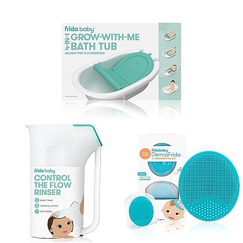 Image of Frida Baby 4-in-1 Grow-with-Me Bath Tub & Control The Flow Polypropylene ABS Rinser & DermaFrida The SkinSoother Baby Bath Silicone Brush| Baby Essential for Dry Skin, Cradle Cap and Eczema (2 Pack)