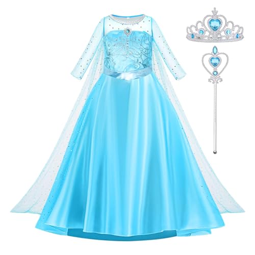 AOOWU Disfraz Elsa Niña, 2pcs Disfraz Princesa Niña con Accesorios Princesa, Elsa Disfraz Niña con Varita y Corona Princesa Niña, Disfraz Halloween Niña para Carnaval Cosplay Fiesta Cumpleaños Regalo