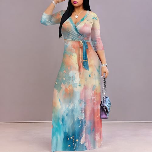 Image of PinkPatty Women's Print Maxi Dresses 3 /4 Sleeve Flowy Long Dress V Neck Wrap Tie Waist Sundress