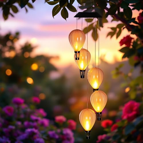 Solar LED Windspiel mit 5 beleuchteten Heißluftballons - 82 cm - Garten Lichtspiel mit Flammen Effekt in warm weiß - Outdoor Deko Beleuchtung Stimmungslicht Solarlaterne Heißluftballon Lampe für Außen
