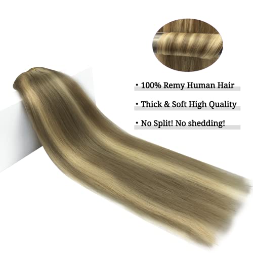 Image of DOORES Human Hair Extensions, Medium Brown Highlighted Golden Blonde 80g 7pcs 12 Inch, Clip in Hair Extensions Real Human Hair Extensions Human Hair Natural Straight Hair