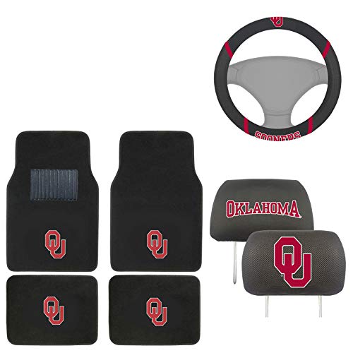 AAC FANMATS NCAA Carpet Floor Mats Bundle with Head Rests and Steering Wheel Cover for Oklahoma Sooners Fans Officially Licensed(7 Items)