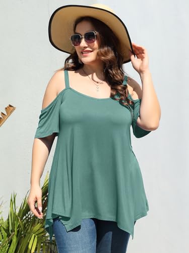 Image of LARACE Cold Shoulder Tops for Womens Summer Clothes Spaghetti Strape Tunic Oversized Shirts Asymmetrical Plus Size Blouse