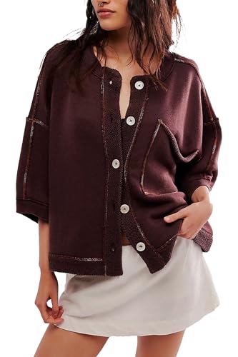 Women's Open Front Cardigan Sweatshirt Oversized Button Down 3/4 Sleeve Knit Loose Fall Winter Cropped Cardigan Coats Red