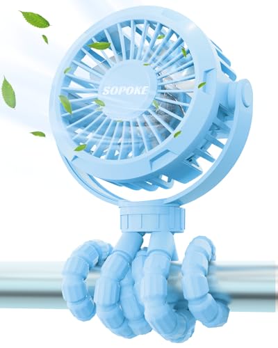 Image of SOPOKE Mini Portable Baby Stroller Fan,3 Speed Personal Handheld Fan,Battery Operated Rechargeable 360° Flexible Tripod Cooling Fan, Suitable for Car Seat Crib Treadmill Golf Cart Travel(Blue)
