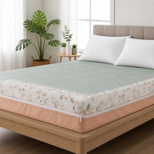 Image of Premium Cotton Printed Mattress Cover /Protector with Zipper Chain|Provides All Around Protection with 360 Encasing | Double King Size Bed - 78x72+8 inches (6.5 x 6 Feet Mattress) Light Green