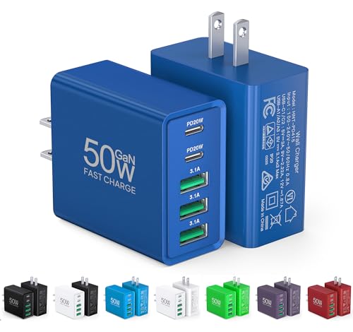 Image of USB C Wall Charger, 50W USB C Charger Block 2-Pack 5-Port PD Fast Charging Blocks,Multiport 2USB C+3USB A Plug,Type C Power Adapter Brick Cube for iPhone 17 /16 /15 /14 /13,Samsung,for Switch(Dark Blue)