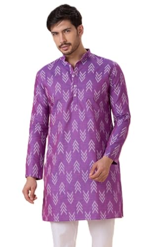 Image of Studio Shringaar Men's Cotton Blend Relaxed Fit Ikat Printed Knee Length Kurta