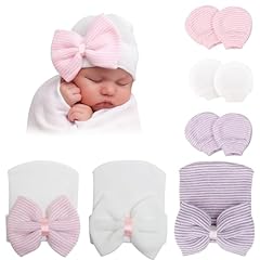 3 Pack Bowtie Hat + Mittens: White, White, Purple/ 0-3 Month a
