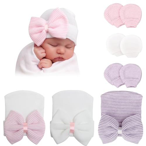 Image of DRESHOW BQUBO Newborn Hospital Hat and Mittens Infant Baby Beanie Soft Cotton Cute Knot Nursery Cap for 0-3 Months Girls Boys