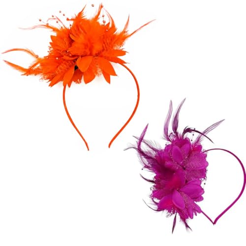 LilaLemon 2Pcs Ladies Fascinator Wedding Hat Headdress Feather Mesh Hair Accessories Women Retro Faux Flowers Head Flowers Girls Flower Mesh Ribbons Feathers On A Headband Wedding Prom red orange