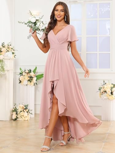 VCCICANY Short Sleeve Bridesmaid Dresses for Women Chiffon Ruffle High Low V Neck Formal Gown with Pockets3