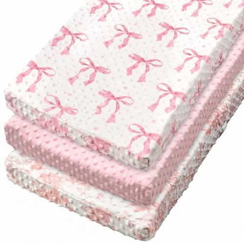 SmoothNovelty 3 Pcs Pink Bow Baby Changing Pad Covers Flowers Changing Table Cover for Girls 32 x 16 in Minky Table Sheets Soft Velvet Nursery Decor Baby Items