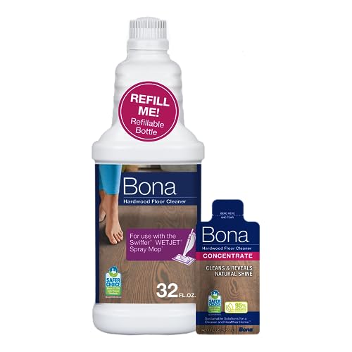 Bona Hardwood Floor Cleaner Bottle for use with Swiffer WETJET Spray Mop, makes 64 Fl Oz - Includes Filled Bottle + Concentrate Refill for Wood Floor Cleaning