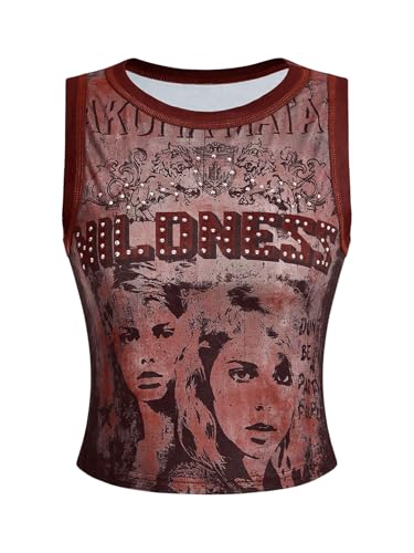 SOLY HUX Women's Y2k Letter Figure Print Crew Neck Tank Top Sleeveless Punk Vest Tops