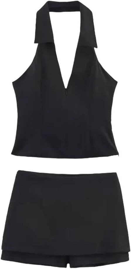 Women's Two Piece Set V-Neck Sleeveless Backless Zipper Mini Skirts Shorts Suits