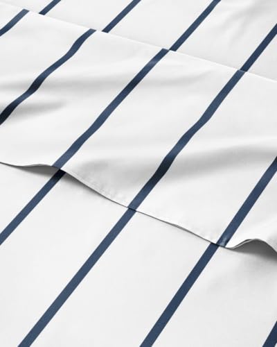 Image of Cal King 4 Piece Striped Sheet Set - Breathable & Cooling - Navy Stripe | 1 Flat, 1 Fitted & 2 Pillowcases w / Deep Pockets, Luxury Striped Bedding, Soft, Breathable & Cooling, Wrinkle & Fade Free