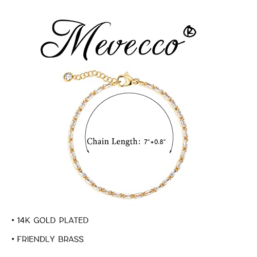 MEVECCO Bracelet for Women Gold Tennis Chain Baguette Zirconia Cut Faux Diamond 14K Gold Plated Dainty Simple Jewelry
