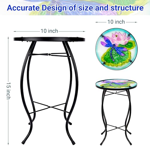 Weibefee JF02733 Lotus-Leaf Dragonfly Small Patio Table,Outdoor Side Table,Outdoor Bar Table,Metal Glass End Table For Porch Garden Yard Pool Living Room,10 Inch Circle Plant Side Table-Dragonfly Table thumb #2