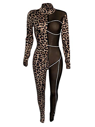 Uni Clau Women Deep V Neck Bodycon Jumpsuit - See Through Leopard Printed Jumpsuit Patchwork Sheer Mesh Printed Clubwear Jumpsuit Rompers Leopard Black L #TOP2