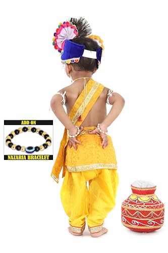 Image of Krishna Dress for Kids, Baby Krishna Dress for Janmashtami with Krishna Mukut, Peacock Feather & Flute Embroidered Krishna Costume for Girl & Boy, 3 Months-8 Years