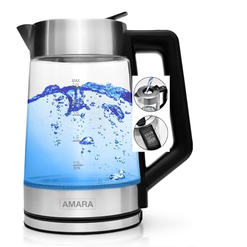 AMARA Wasserkocher Glas mit Temperatureinstellung 2200 Watt 2L besonders leise Temperaturwahl 50-100°C Mit EASY-FILL Befüll-System LED Farbwechsel zeigt Temperatur an