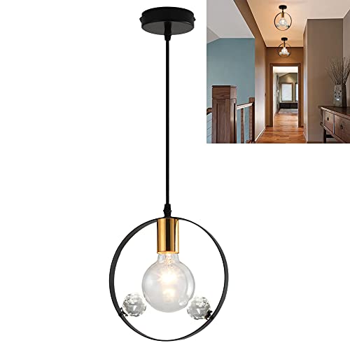 Vintage Salle À Manger Pendentif Éclairage Noir Doré Anneau Pendentif Lampe Métal Table À Manger Lumière Rétro Industrielle Lustres Avec Boule De Cristal Suspension Lampe E27 Réglable En Hauteur Cover