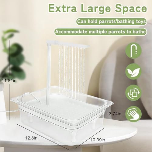 Image of Parrot Bathtub Automatic Bath Shower Bird Bath for Cage with 180 Circulating Faucet Double Row Holes Contains USB and Power Plug for Medium Birds with 2 Wood Bird Cage Perch