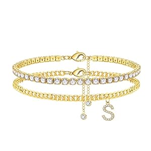 Ankle Bracelets for Women, 14K Gold Plated Layered Cubic Zirconia Tennis Ankle Bracelets Dainty Letter Initial Anklet A-Z Gold Anklets for Women Teen Girls Beach Foot Jewelry Gifts