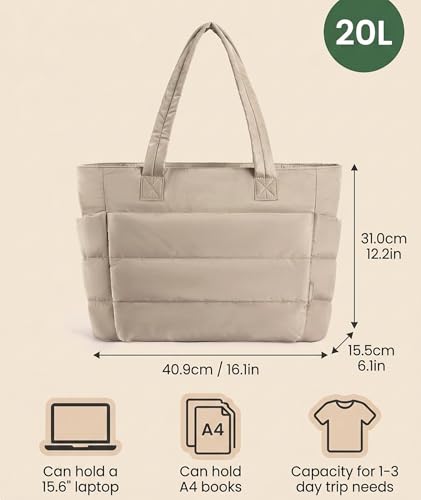 Image of Tote Bag for Women, Lightweight Puffy Quilted Shoulder Bag with Multiple Compartments, Travel Work Gym, Everyday Tote | Lightweight, Puffy Quilted, Multi-Compartment, Versatile, Comfortable (Khaki)