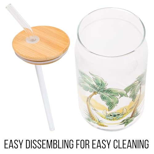 Image of Silver Buffalo Disney Lilo and Stitch Relaxing Chilling in Hammock Island Glass Jar Tumbler with Bamboo Lid and Glass Straw, 16 Ounces