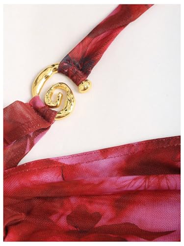 Milumia Women's Floral Mesh Ruched Halter Mini Dress Y2k Ring Linked Ruffle Layered Short Dresses3