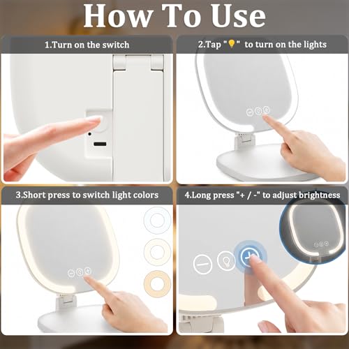 Espejo de maquillaje de viaje recargable, tocador de mesa portátil con iluminación de 3 colores 7