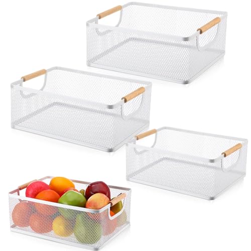 Rtteri 4 Pack White Metal Wire Basket with Wood Handle 2 Size Large Metal Mesh Basket Stackable Wire Storage Bin for Pantry Food Snacks Storage Kitchen Organizing