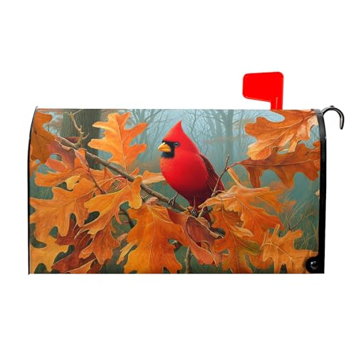 Image of Miaoquhe Autumn Red Bird Mailbox Cover Magnetic Standard Size 21x18 Inch Fall Maple Leaves Mailbox Wrap Fall Mailbox Post Cover Decor Holiday Letter Box Wraps for Home Outdoor Outside Garden Yard